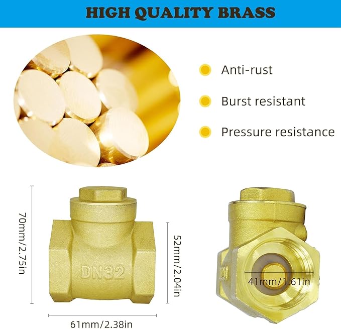 NPT Check Valve, 1-1/4" Female Horizontal Brass Check Valve for Water Backflow Prevention, Suitable for Sewage Pumps and Air Compressors, DN32