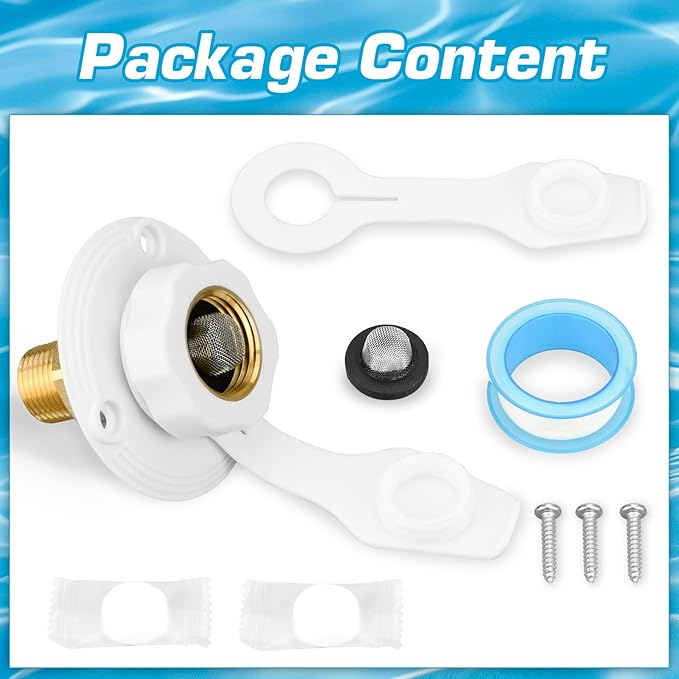 RV City Water Inlet with Brass Check Valve, Fresh Water Fill Flange for Camper Hookup, Durable RV Water Replacement Connection Fittings, White