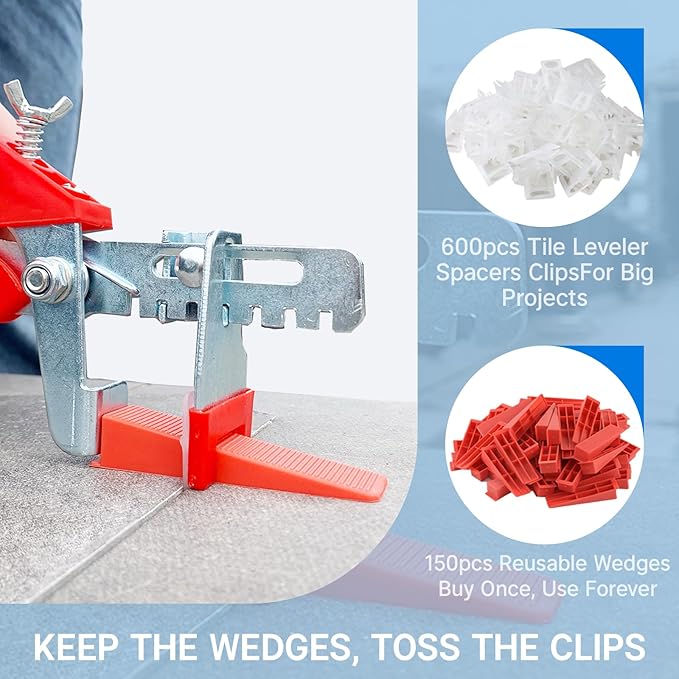 Tile Leveling System Kit, 600pcs Tile Leveler Spacers Clips+150pcs Reusable Wedges+1pc Tile Pliers for Wall/Floor Tile Adjustment, Leveling Tile System for Ceramic Tile(Red, 1/16”-1.5mm)