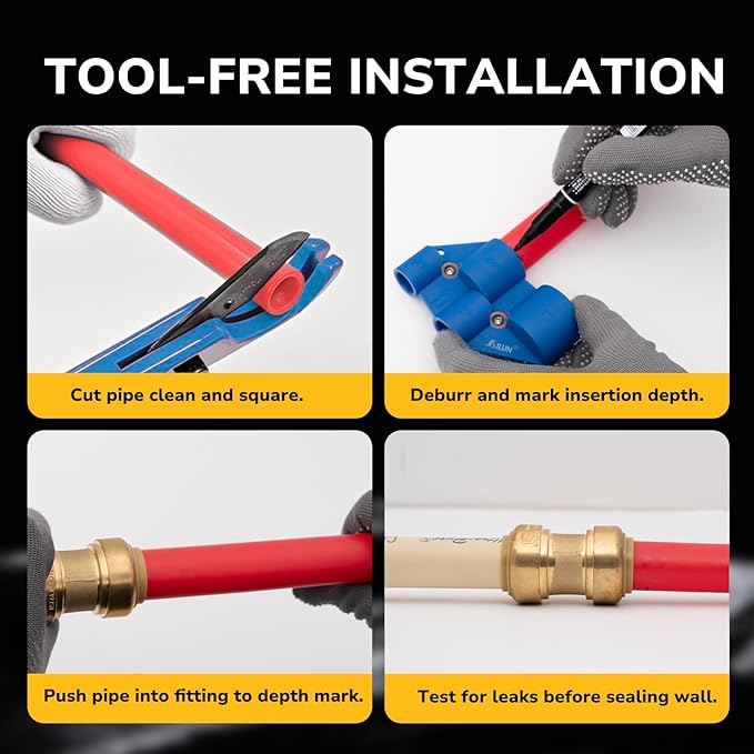1/2" Pex Tee Pushfit, Push to Connect Brass Plumbing Fitting for Copper, CPVC, PEX Pipe, Brass Pex Fitting with Upgraded Stiffener, Disconnect Clip Included, NSF & UPC Certified, 2 Pack