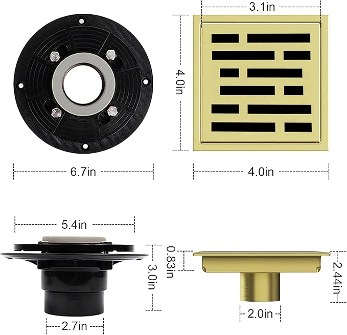 4 Inch Square Shower Floor Drain, Shower Drain Kit with Flange, Square Shower Drain, SUS 304 Stainless Steel Floor Drain,Brushed Gold
