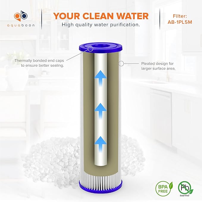 Aquaboon 5 Micron 10x2.5 Whole House Pleated Sediment Filter Cartridge for Well Water Filter Replacement Compatible with WFPFC3002, WHKF-WHPL, 4-Pack