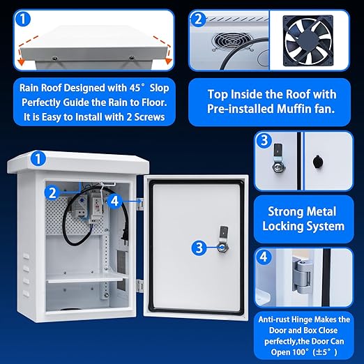 Outdoor Electrical Box withElectrical Cabinet Cooling Fan and Thermostat Set - 11.8 * 15.7 * 7.9" IP Weatherproof Box, Vented Box with Removable Mounting Plate Wall/Pole Mounted (30 * 40 * 20cm)