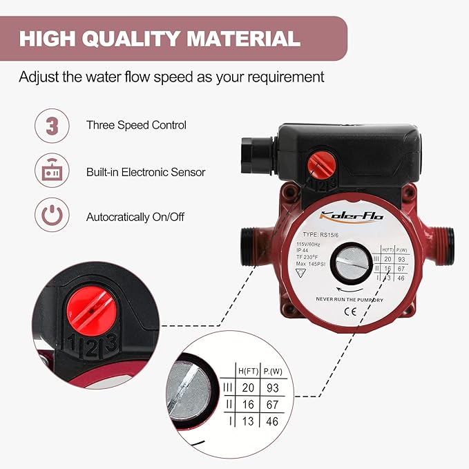 3/4 Inch Hot Water Circulating Pump 3-Speed Circulation Water Pump for Solar Heater System(RS15-6 Red)