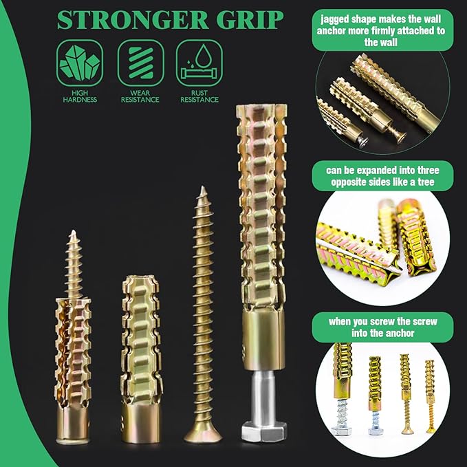180Pcs / 90 Sets 4 Size Steel Wall Anchor with Screws, 5x30mm, 6x32mm, 8x38mm, 10x60mm Heavy Duty Loose Hinge Hole Repair Kit for Concrete, Hollow and Wooden Wall