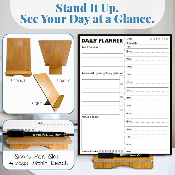 JJPRO Reusable Desktop Daily Planner with Stand,Reusable Time Schedule Board,11"x8.5" Hourly Schedule Dry Erase Board with Time Slots,Desk Hourly Dry Erase Board with Engineered Wood Stand