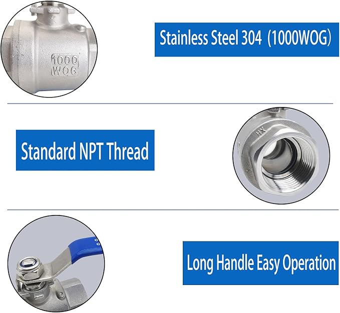 1-1/4" NPT Full Port Heavy Duty Ball Valve Stainless Steel 304 For Water,Oil and Gas with Blue Handles（1000WOG）