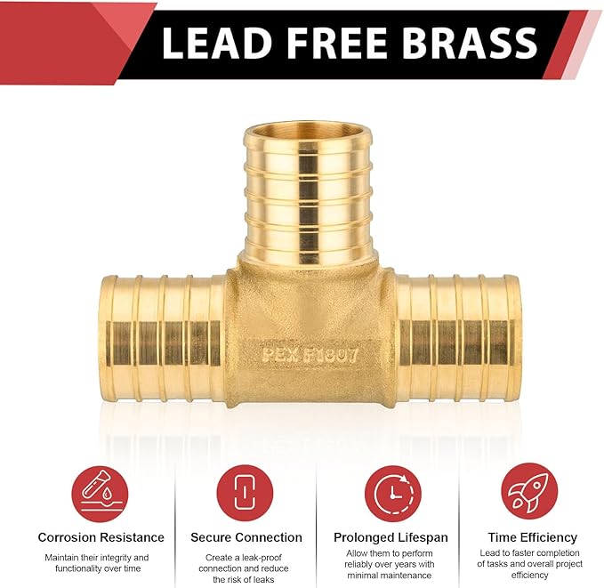 2-Pack EFIELD Barb Crimp Pex Fittings 1" x 1" x 1" Inch Tee Brass Fittings For Pex Tubing Connection, ASTM F1807,(PEX1807074-2PCS)