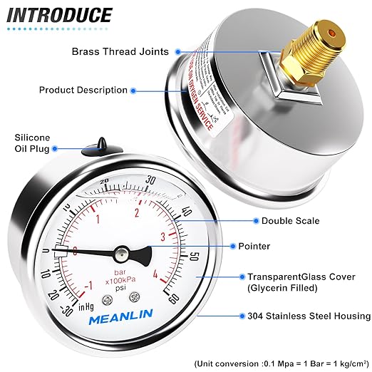MEANLIN MEASURE -30inHG~60Psi Vacuum Pressure Gauge 1/4" NPT 2.5" FACE DIAL, Stainless Steel Liquid Filled Pressure Gauge WOG Water Oil Air Center Back Mount