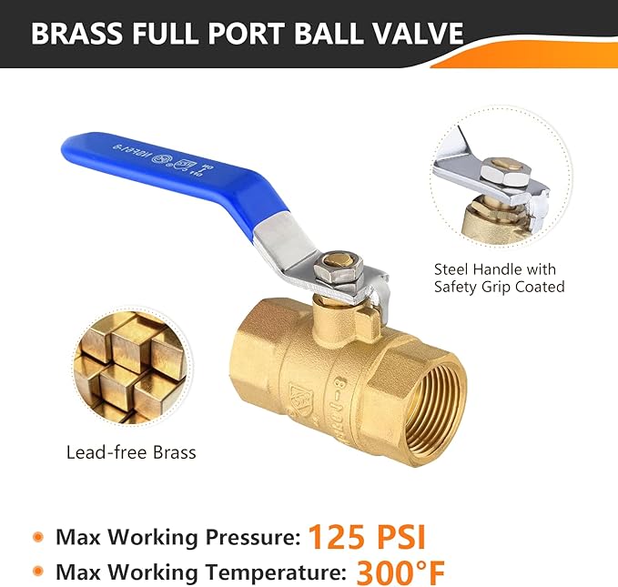 5-Pack HeSun 1/2 Inch FIP Threaded Ball Valve, Brass Full Port Shut-off Valve,1/2" Female NPT x 1/2" Female NPT, 600 WOG (Water, Oil and Gas),Blue(VALVE344-5)