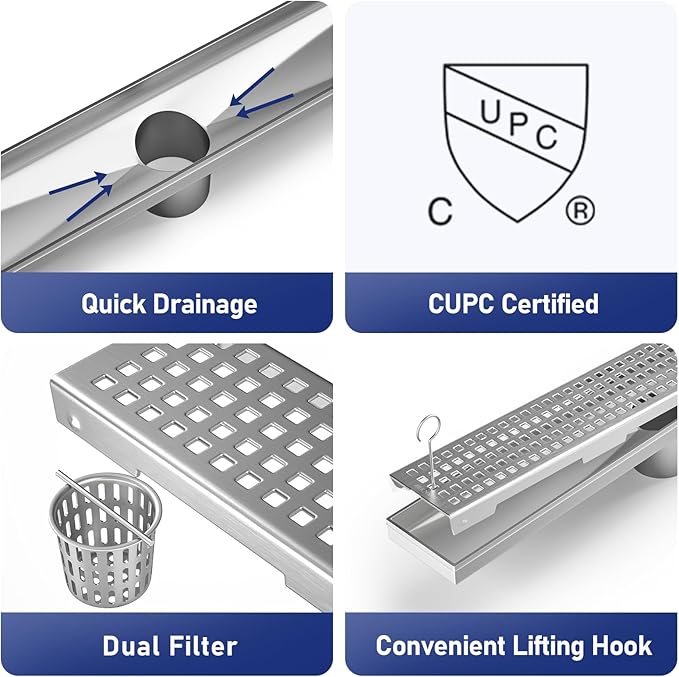 Linear Shower Drain 18", 304 Stainless Steel Floor Drain with Grid Drain Cover & Hair Strainer, Rectangular Shower Drain w/CUPC Certified, Brushed