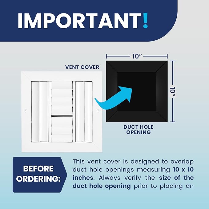 10" x 10" Duct Hole [11.6" x 11.6" Face] Aluminum 4-Way Vent Cover: Adjustable Curved Blade Air Supply Diffuser - Plastic Seal for Tight Fit, Quiet Air Flow, Multi-Shutter Damper