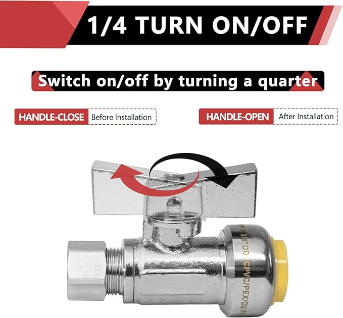 10-Pack EFIELD Push Fit 1/4 Turn Straight Stop Valve Water Shut Off 1/2 Push x 3/8 Inch Compression Chrome,(PF-UNI001-10PCS)
