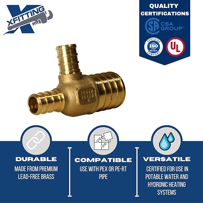 XFITTING 1 inch x 1/2 inch x 1/2 inch Pex Reducing Tee, Pex B Crimp Version 26-5-6=25X, 25 Pieces