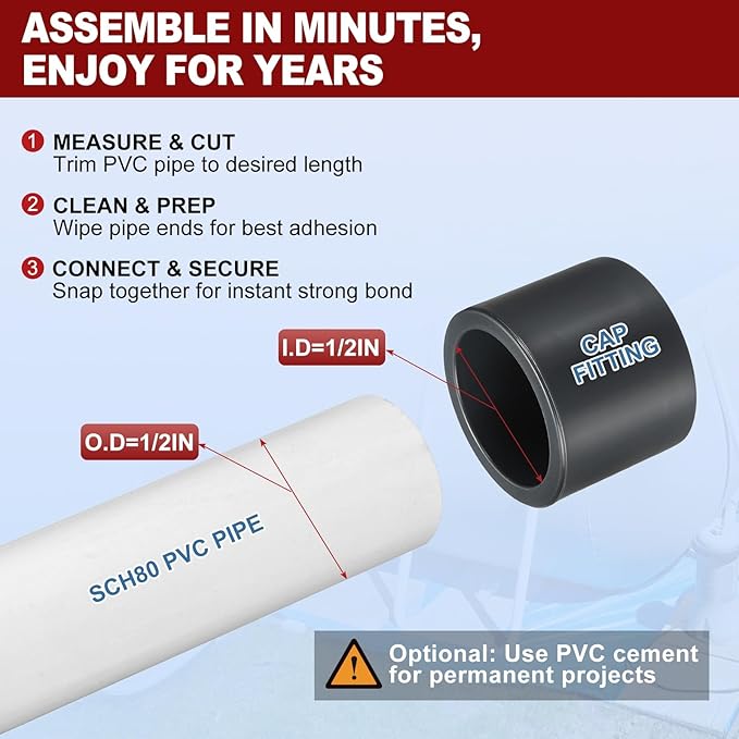 1Pcs 1/2" PVC External End Cap Fitting, SCH80 Furniture Grade PVC Pipe Plug Adapter, Pipe Cover Fittings for DIY Project, Irrigation System, Plumbing Framework, Garden Structures