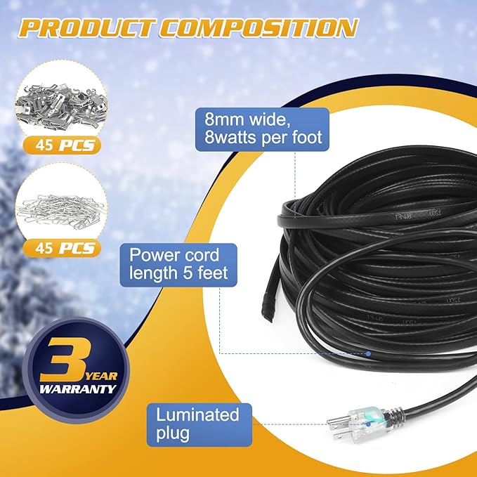 130FT Heat Tape for Water Pipes, -40°F Deicing Cable,Pipe Heat Cables for Roof,Gutter，Farm，Freeze Protetion Heating Wires, Heated Water Hose,Plumbing Fixtures,120V 5W/FT (130FT)