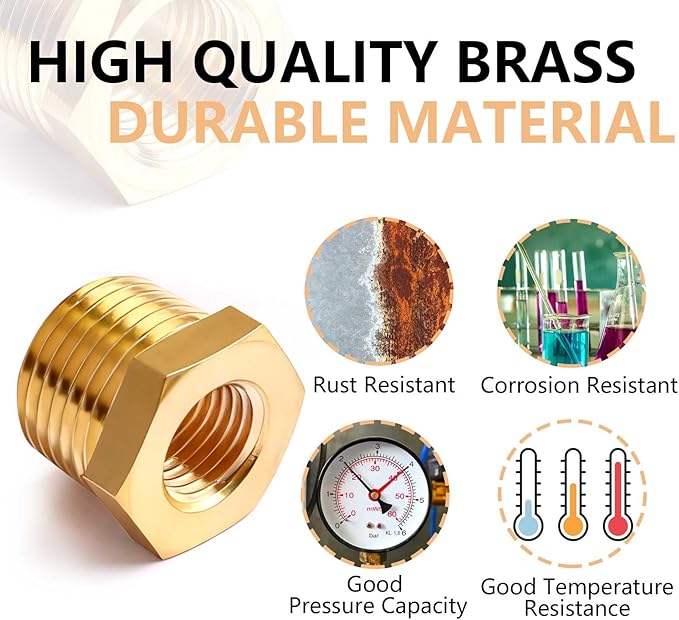 3/8" NPT Male to 1/8" NPT Female Brass Hex Bushing Reducing Bushing Pipe Fitting, Brass Fitting Reducer Adapter