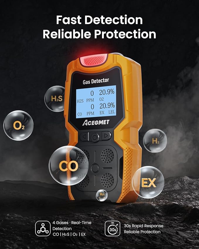 ACEGMET MG10 Gas Detector with Type-C Charging, 4 Gas Monitor Multi Gas Detector, Vibration, Visual and Audible Alarms, 14h Battery Life, for Work, Home, Orange