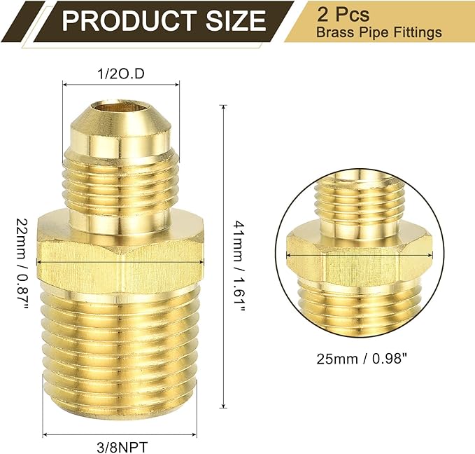 uxcell Brass Tube Fitting, 1/2O.D x 3/8NPT Brass Flared Pipe Adapter Fittings Reducing Nipples Connector, Half Union Gas Adapter for Pipe Connections, Hydraulics, Refrigeration