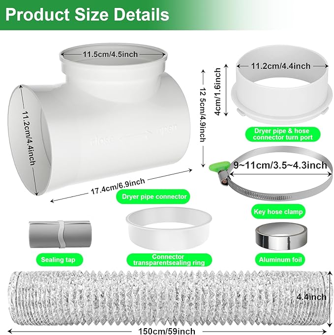 Dryer Vent Connector Kit with 90 Degree Elbow & 6-Layer Hose – 4 Inch Tight Space Dryer Vent Connector – Crush-Proof, Flexible Dryer Duct Hose for Electric Dryers