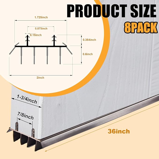 Replacement Door Bottom with Vinyl Fins 36" Long 1 3/4" Wide Threshold Seal Bottom of Door Weatherstrip Kerf Weather Stripping for 7/8" Between Barbs(8 Pcs,Brown)