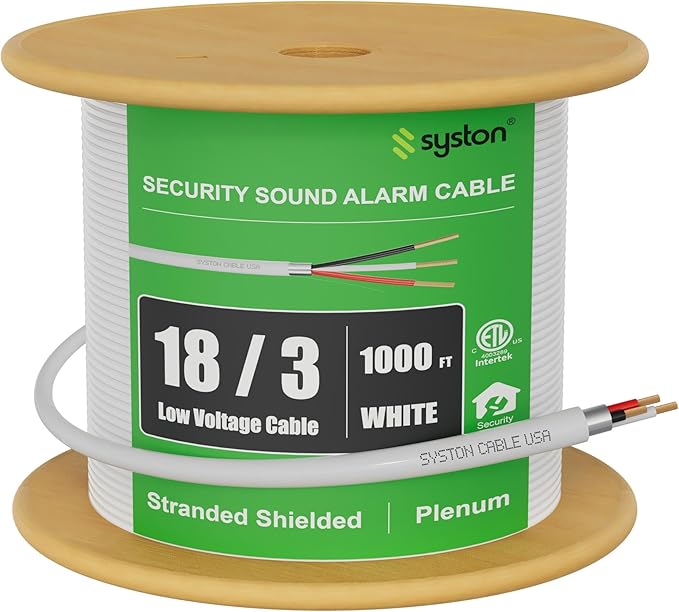 SYSTON 18/3 Fire Security Burglar Station Sound Alarm Control Cable Wire, 18 AWG 3 Conductors Plenum-Rated CMP/CL3P Shielded 100% Copper Stranded, UV Resistant RoHS for Low Voltage Applications Use