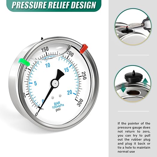 0-300PSI Stainless Steel Liquid Filled Pressure Gauge, 4" Dial Size, 1/4" NPT Back Mount, for Tube, Water Pump, Gas, Liquid, Pressure Test (with Range Mark Pointer)