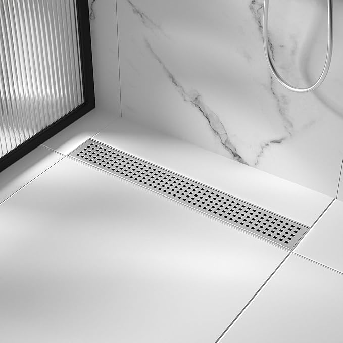 Linear Shower Drain 18", 304 Stainless Steel Floor Drain with Grid Drain Cover & Hair Strainer, Rectangular Shower Drain w/CUPC Certified, Brushed