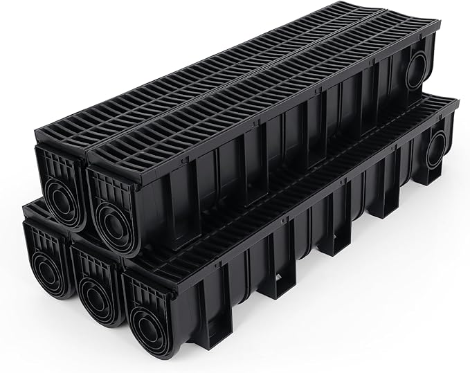 5 Pack Trench Drain System, Channel Drain with Plastic Grate, Driveway Drainage Channel Systems,Channel Drain Pipe Outdoor Trench Drainage System,5.9X7.5X39 Inch
