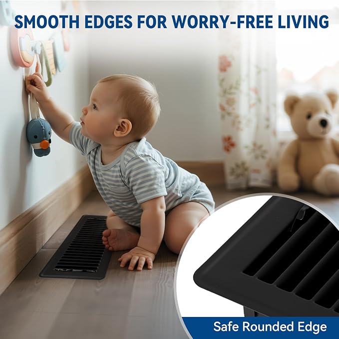 4" x 10" Floor Register Vent Covers 4-Pack, Walkable Powder-Coated Metal Vent Covers with Adjustable Airflow, Curved Safe Edges for Floor/Wall, Black