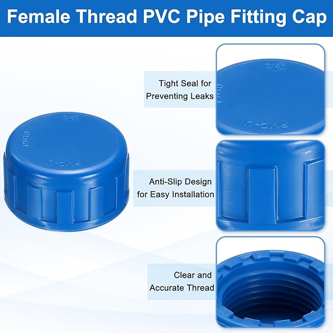 uxcell 5Pcs 3/4 Inch PT Female Thread PVC Pipe Fitting Cap, Cleanout Water Drain End Caps, Pipe Plug Socket Fittings with Tape for Water Heater Supply Lines, Plumbing, Blue