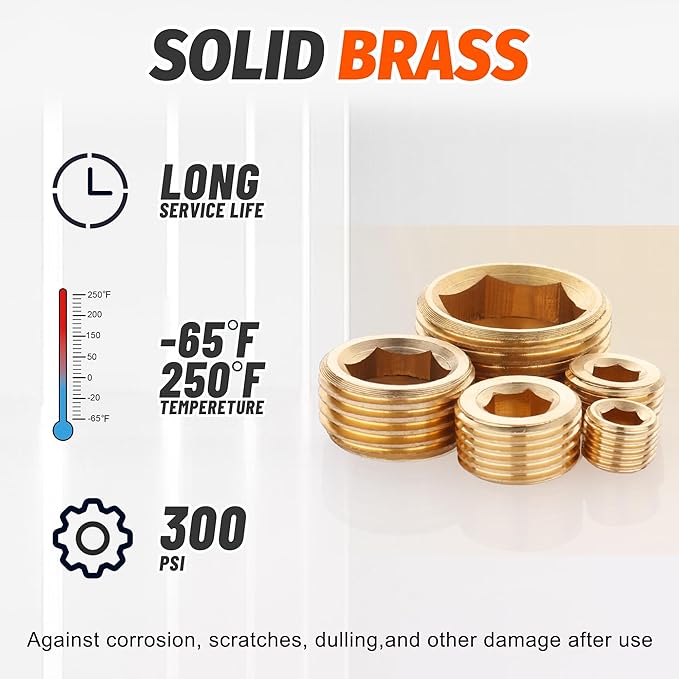 20 PCS Brass Pipe Plug 1/8" 1/4" 3/8" 1/2" NPT Plug Internal Hex Thread Socket Fitting Assortment Kit