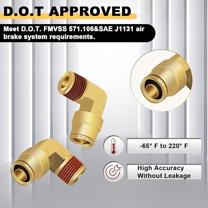 Siptenk 1/2" Elbow DOT Brass Push to Connect Air Line Fittings 5 PCS, 1/2" OD Tube x 3/8" NPT Thread Air Brake Line Quick Connect Fittings for Truck Trailers Industry Air System