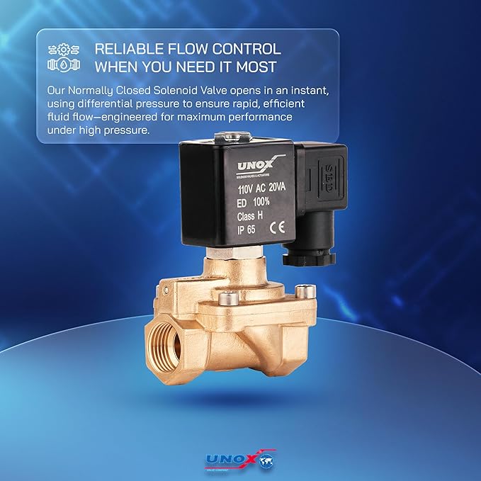 UNOX 1/2" NPT Solenoid Valve 110V AC, Brass Control Valve Normally Closed - 7-232 PSI Multi-Purpose Reliable Control Valve for Water, Air, and Gas - Solenoid Valves