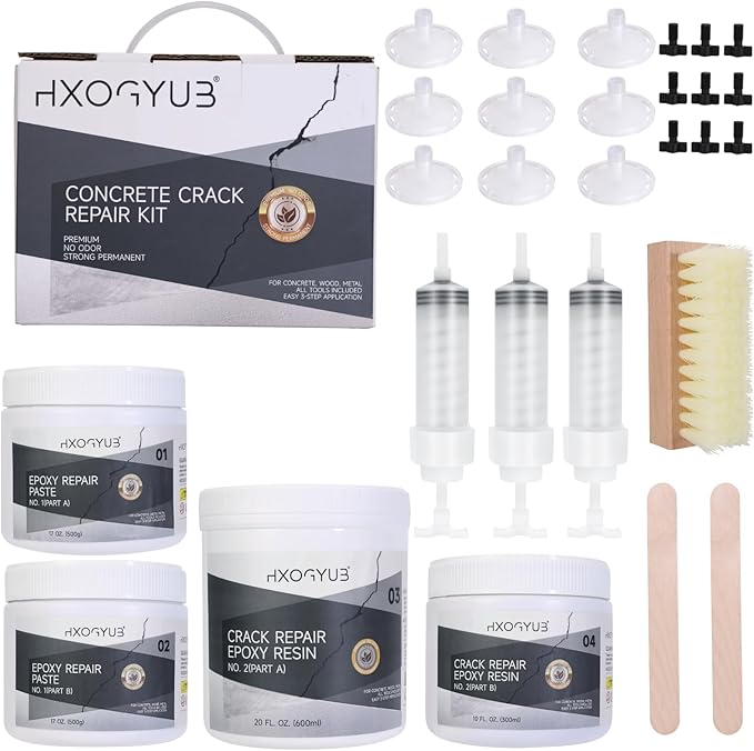 Concrete Foundation Crack Repair Kit, with Automatic Injector, High Performance, Filler for Wall Cracks, Stops Water Leaks & Radon Gas, Drill-Free, Quick-Setting Waterproof Sealing Solution
