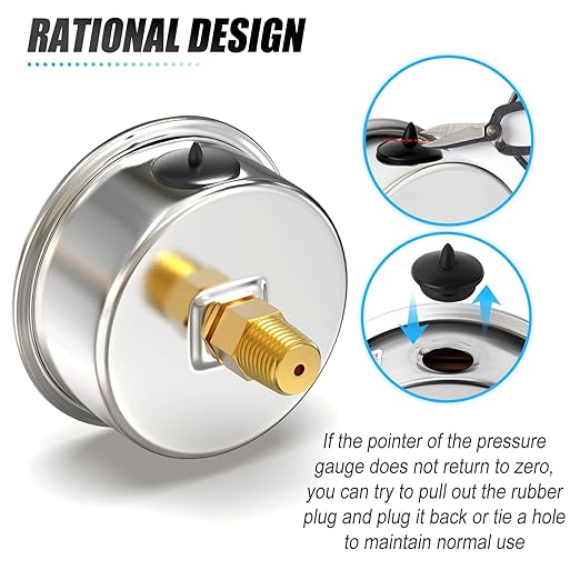 MEANLIN MEASURE 0~60Psi Stainless Steel 1/4" NPT 2.5" Single Scale FACE DIAL, Glycerin Filled Pressure Gauge, Pool Sand Filter, Back Mount, with 1/4" x 1/2" NPT and 1/4" x 3/8" NPT Hex Bushing