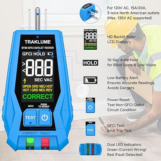 Outlet Tester with LCD Display Receptacle Tester with GFCI for Standard 3-Wire 110-125V AC Electrical Outlet Test Plug in Electric Polarity Tester for Socket Test Outlet Checker for Grounding