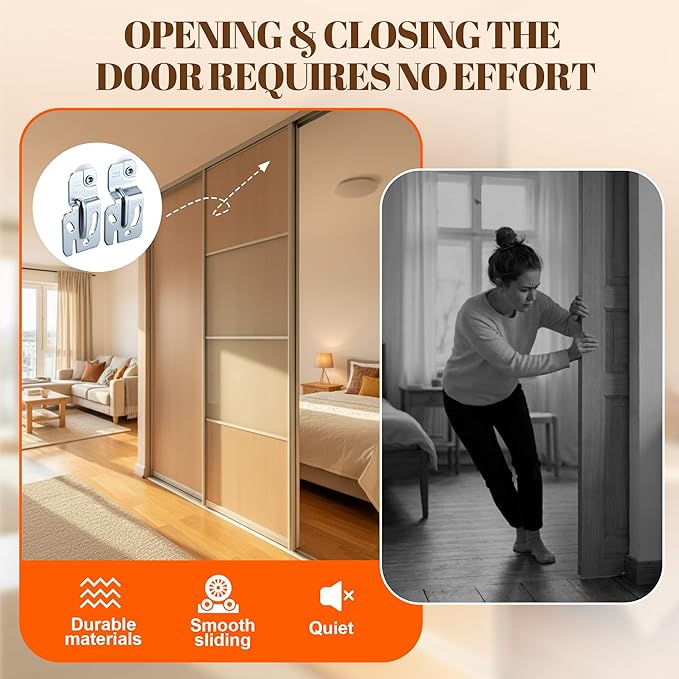 Feekoon 6 Pcs Sliding Closet Door Hardware Kit, Closet Door Rollers with Adjustable Floor Guide & Heightening Pads, Wardrobe Rollers Replacement for 3/4" to 1-3/8" Thick Top Hung(Square)