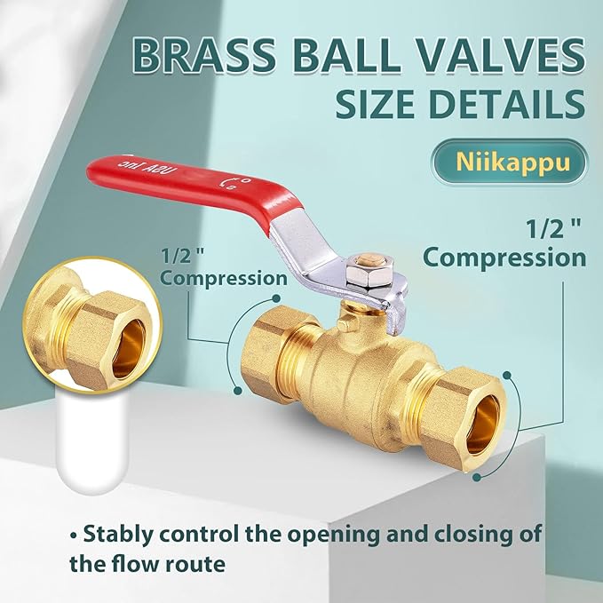 1/2" Ball Valve, 20 Pack Compression Shut Off Valves Red, Quarter Turn Brass Full Port Shut Off Ball Valve for Hot and Cold Water, NSF/ANSI 61 Certified