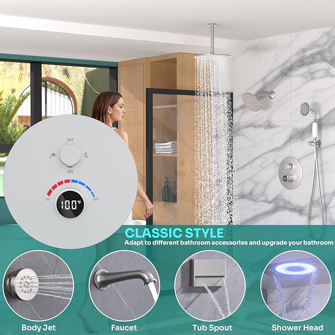 Temperature Display Shower Valve 3 Way Brass Rough-in Mixer and Round Trim Kit, Triple Function Digital Shower Diverter, Brushed Nickel