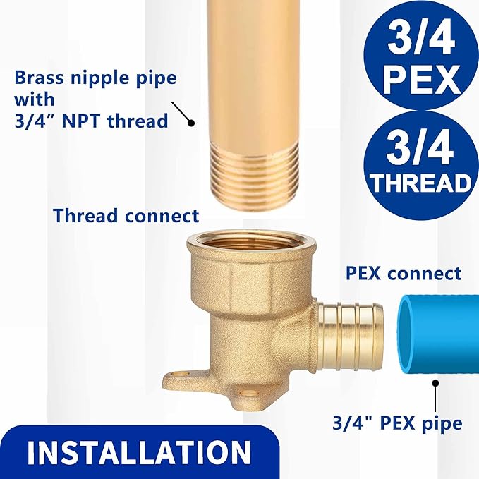 (10 Pack) Lidertik 3/4 Drop Ear Elbow Pex Adapter, 3/4" PEX B F1807 to 3/4" NPT Female Threaded Adapter Brass LI-APXDEE3434 (10 Pieces)