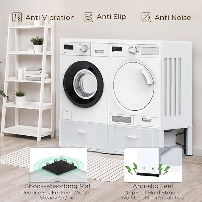 SKM 29" Washer & Dryer Pedestals with Drawer - 2 Pack Laundry Stand Raiser, 14.3" Height, Steel Construction, White
