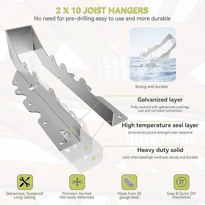 50pcs 2x10 Joist Hanger,LU210 20 Gauge Galvanizing Face Mount Joist Hangers for Wood,Hurricane Tie for Rafter Fits Truss Connectors,Rafter Hangers 2x10 Great for Floor Deck and Ceiling Joists