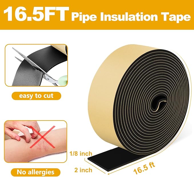 DEMEDO Pipe Insulation Tape, Pipe Wrap Insulation Foam Tape Self Adhesive, Outdoor Water Pipe Insulation Roll for HVAC, AC Line Insulation, 4 inch x 16.5 FT Heat Tape for Water Pipe, Black