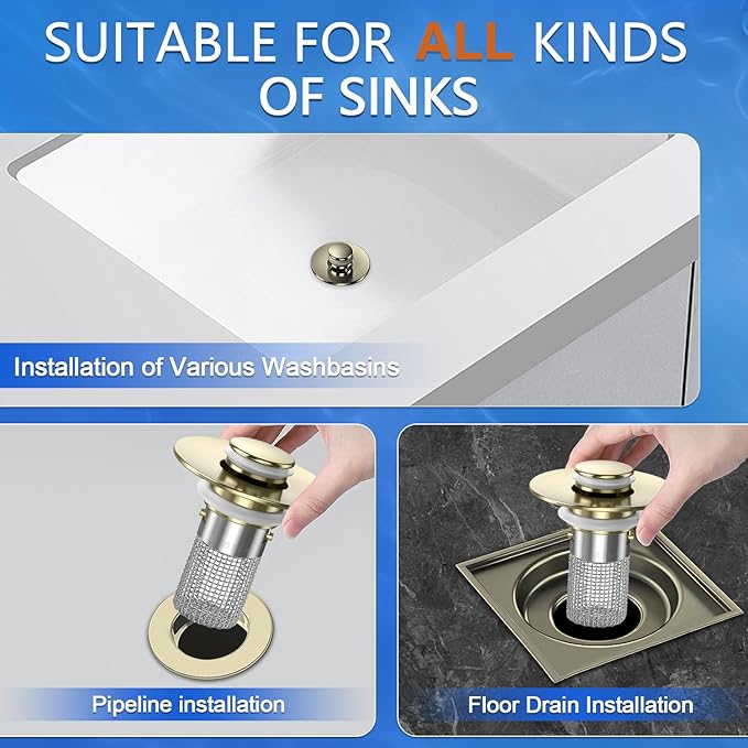 Sink Stopper Hair Catcher, Pop-up Sink Drain Strainer with Removable Stainless Steel Strainer Basket Hair Catcher, Bathroom Sink Strainer for Bathroom Sink Stopper Replacement(Brushed Gold-2PCS)