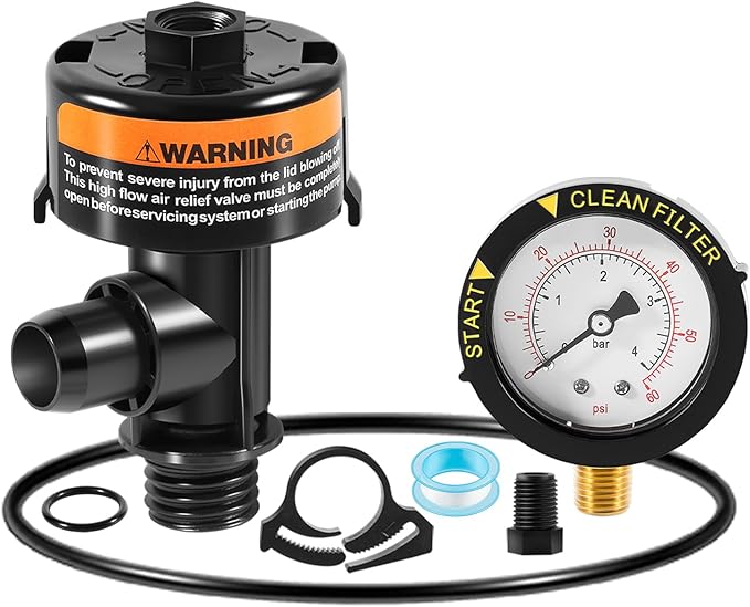 98209800 High Flow Manual Relief Valve/Air Relief Manual Valve Assembly with Pressure Gauge, Replacement for Pool and Spa Filter (98209800+87300400)