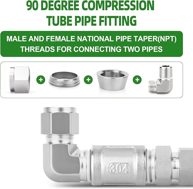 TAISHER 1PCS 316 Stainless Steel 90 Degree Compression Tube Pipe Fitting Connector, 1/4" Tube OD x 1/8" NPT Male Adapter