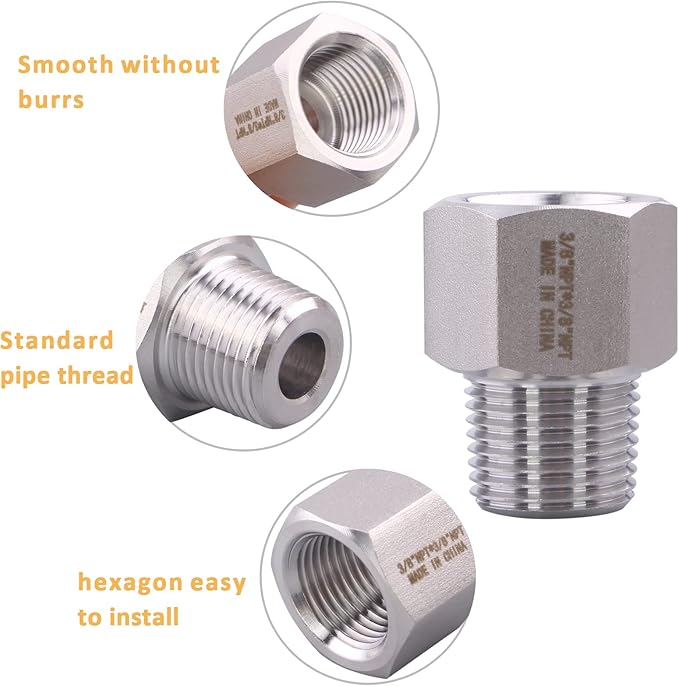 Forged Reducer Adapter Fitting - Stainless Steel 304 Reducing Pipe Connector, 3/8" NPT Female x 3/8" NPT Male (pack of 2)