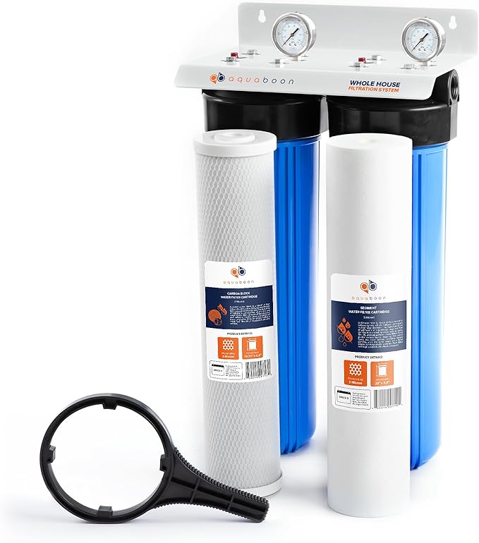 Aquaboon 2-Stage Whole House Water Filter System with 20x4.5 House Water Filters Reducing Sediment & Odors with Gauge & Release, Wrench, Bracket