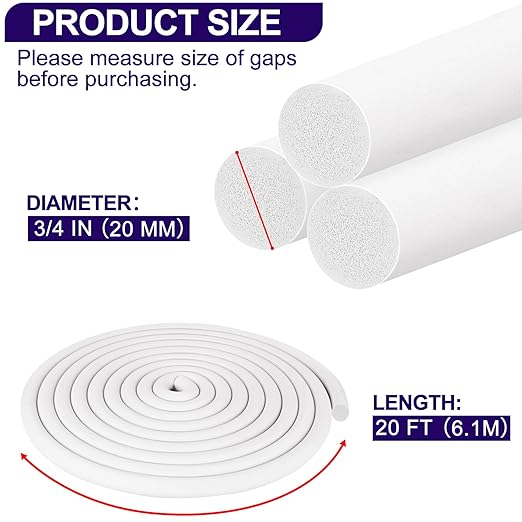 ToLanbbt Backer Rod EPDM Rubber 3/4" Diameter x 20' Length Caulk Saver Door Window Weather Stripping Seal for Concrete Filling Joints and Gaps (White)